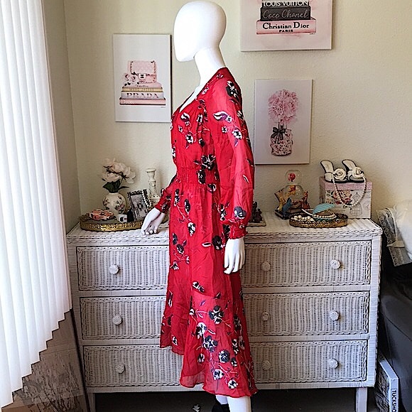 Intermix Deirdre 100% silk midi High Low dress floral print in red color size 2 - Picture 2 of 9
